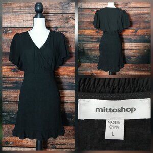 Mittoshop Dress Size L Smocked Skirt Surplice Ruffle Hem LBD Rayon Linen Blend